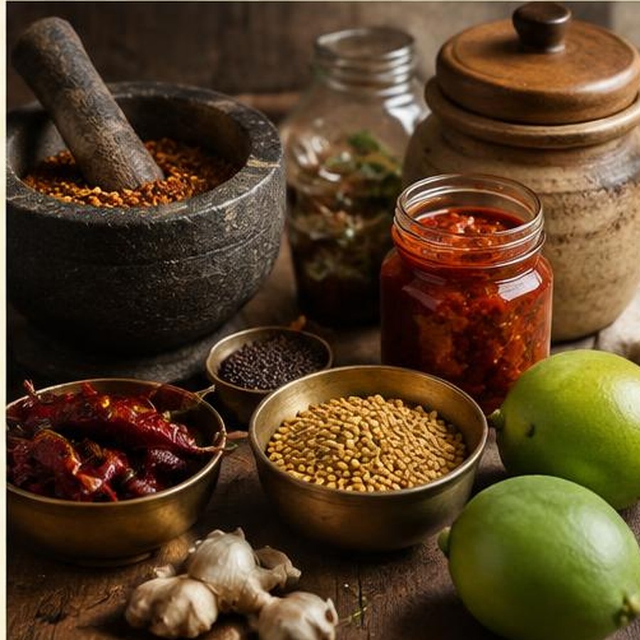 Traditional homemade pickle preparation in an Andhra kitchen